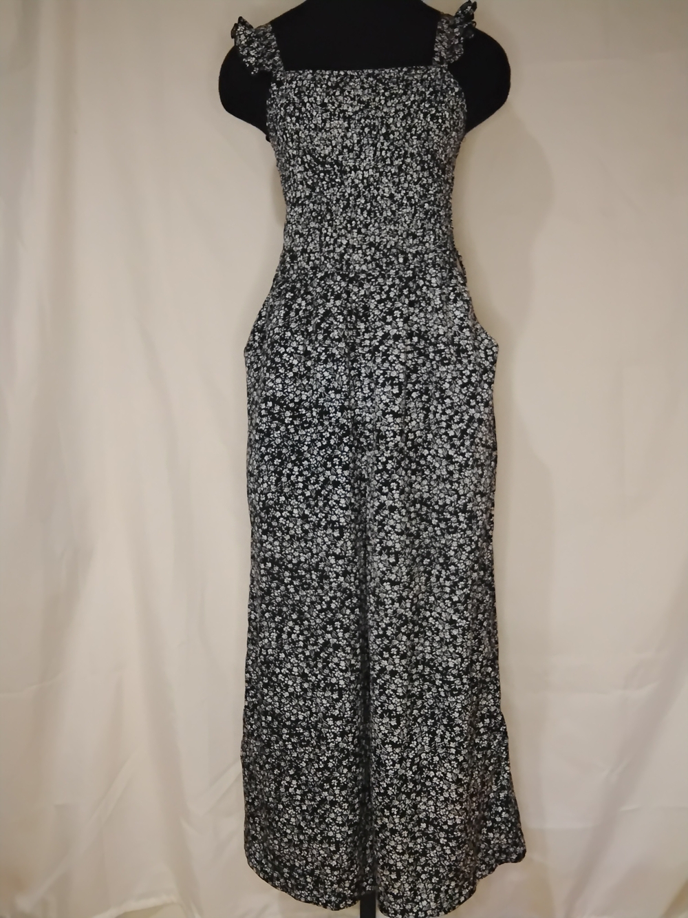 Black Floral Smocked Wide-Leg Jumpsuit with Ruffle Straps